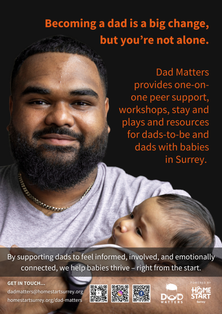 Graphic image of a dad and child and info about Dad Matters